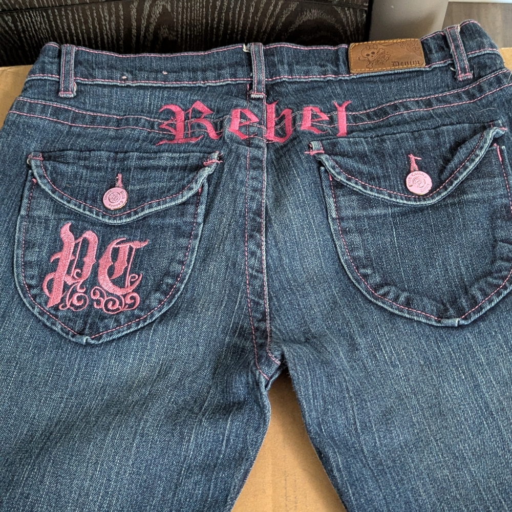 Rebel Juniors Teen Blue Jeans with Pink Stitching And Cute Heart Wings On Leg
